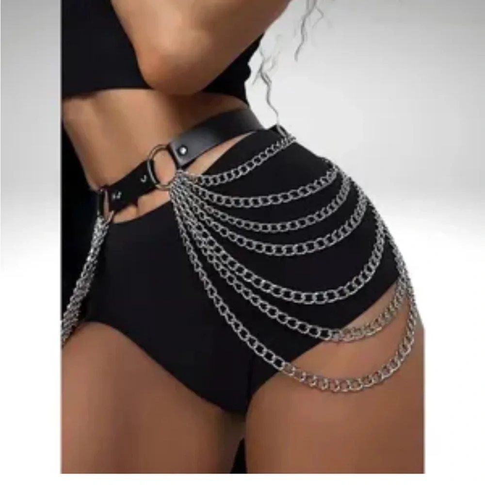 New Silver Chain Belt with Black Strap adjustable 43 inches